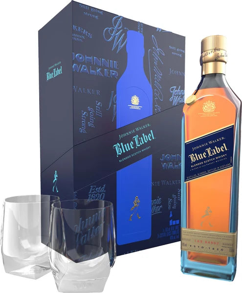 Johnnie Walker Blue Label Blended Scotch Whisky Gift Pack with 2 Crystal Glasses 750 ML