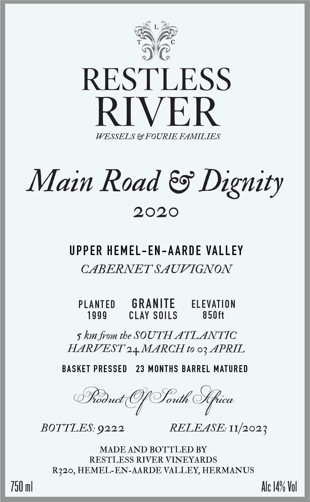 Cabernet Sauvignon 'Main Road & Dignity', Restless River 2020