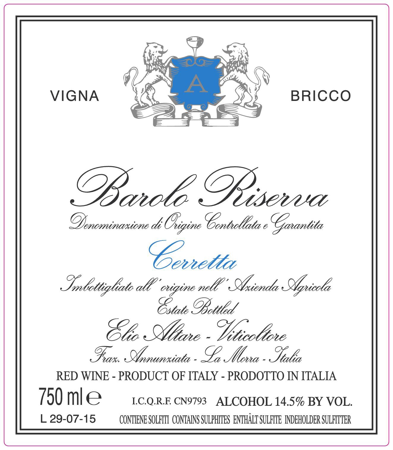 Barolo Riserva 'Cerretta Vigna Bricco', Altare 2019