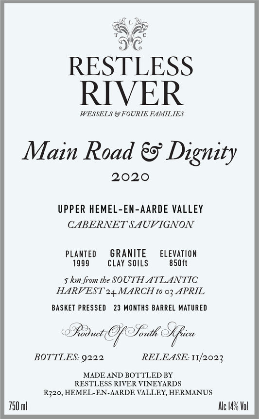 Cabernet Sauvignon 'Main Road & Dignity', Restless River 2020