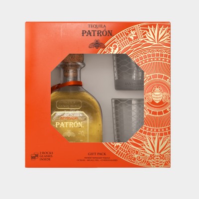 Patron Reposado Tequila With Two Rocks Glasses