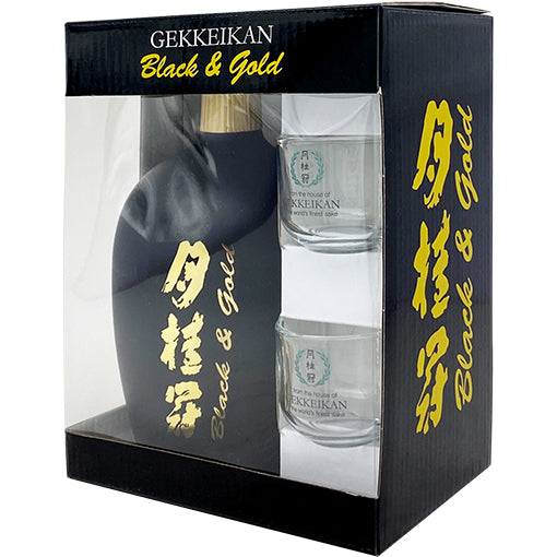 GEKKEIKAN SAKE BLACK AND GOLD W/2 GLASS