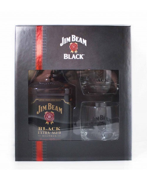 JIM BEAM BLACK W/2 ROCKS GLASSES