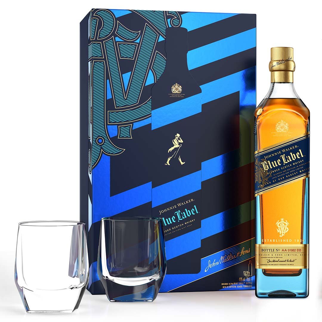 Johnnie Walker Blue Label Blended Scotch Whisky Gift Pack with 2 Crystal Glasses